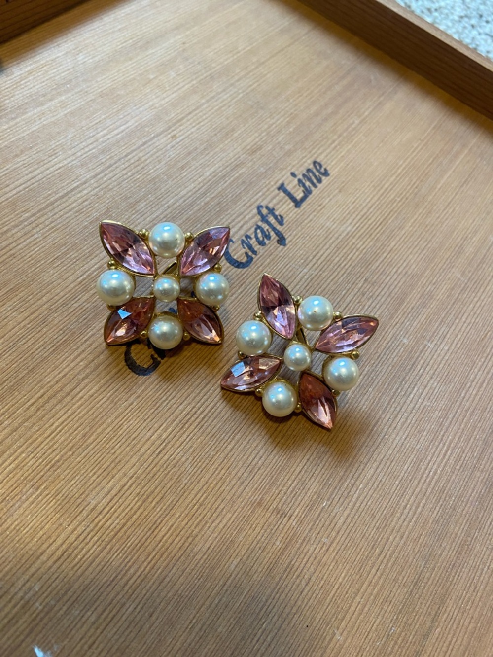Vintage Napier Pink Crystal & Pearl Flower Screw back Earrings-Mid Century